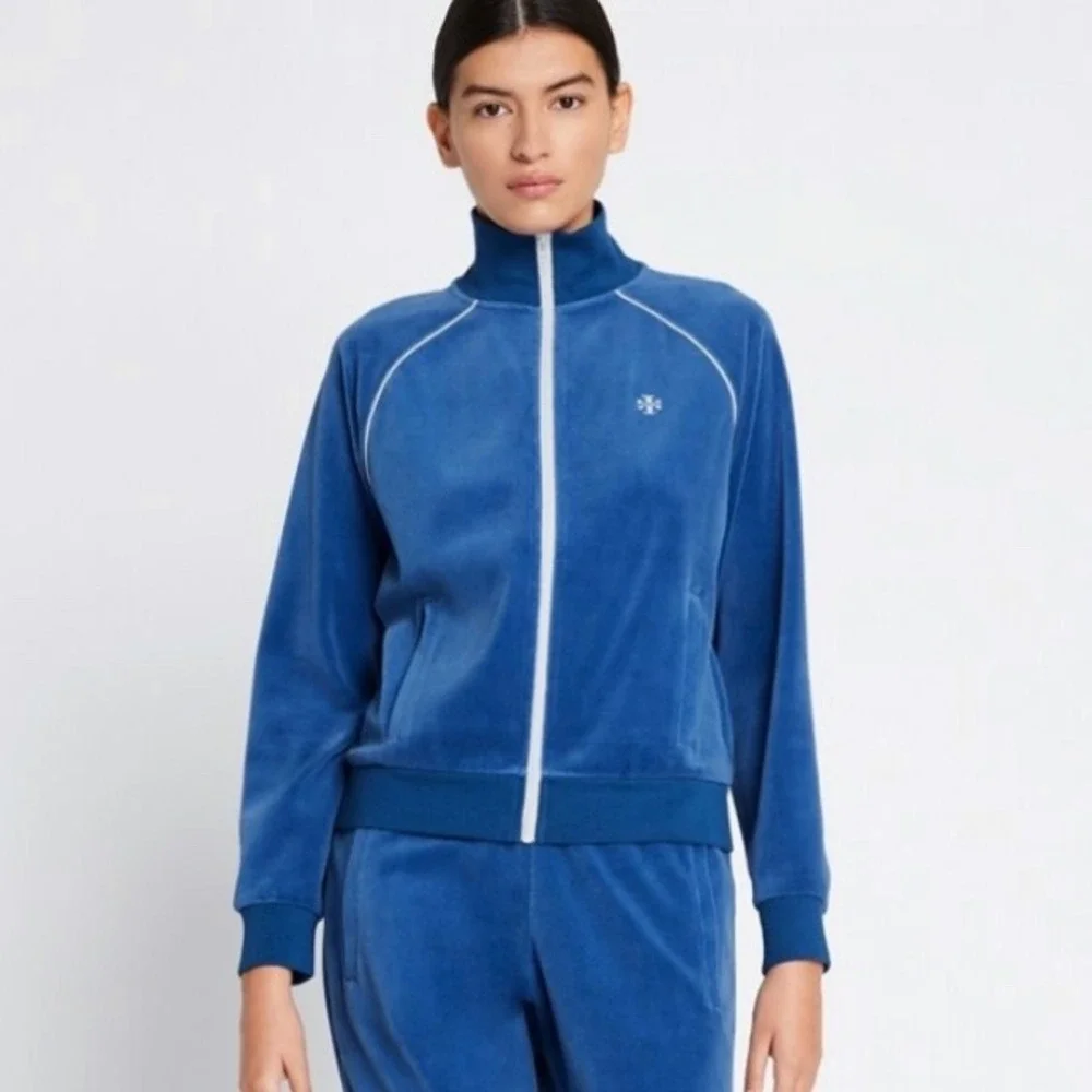 Tory Burch Sport NWT Blue Velour Track Jacket XL zip‎ front pockets sporty